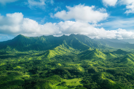 Beautiful green mountains with a blue sky and white clouds in the background. The landscape of the mountain range is covered by a forest. A panoramic view of the natural scenery. A photo taken from above, in the style of Canon EOS R5. --ar 3:2 --v 6.1 Job ID: a3dff88c-9862-4f7e-887c-fa69afb37192の素材