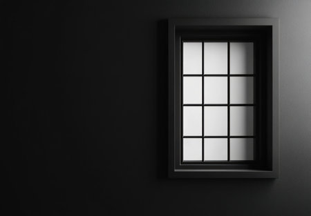 Black empty room with a window and copy space for text, a mock-up banner template design. Black background wall, 3D rendering. Black background wall, high-quality photo, high resolution, realistic. --ar 78:53 --v 6.1 Job ID: 51f7a97e-c828-4603-98ed-4bf5c1304f89の素材