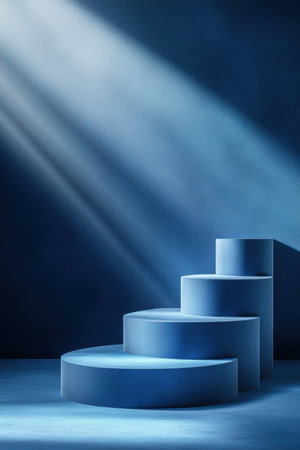 Blue background, three-dimensional podiums in the shape of semi-circular steps, simple and minimalist style, bright blue color tone, high saturation, geometric shapes, indoor environment, studio lighting effect, static composition. The foreground is blurred with shadows, creating depth of field, in the style of . --ar 2:3 --v 6.1 Job ID: 15383440-af50-4b0e-97aa-52510cc3624aの素材