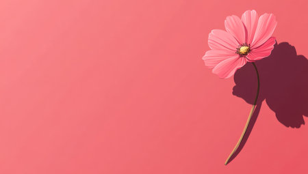 A cute pink flower on the right side of an empty solid background, vector illustration, flat design style, simple and clean, minimalistic, in the style of John Holcroft, pastel color palette, red background, aesthetic vibe. --ar 53:30 --v 6.1 Job ID: ff347648-a290-42c3-ae33-ea9cf7a22632の素材