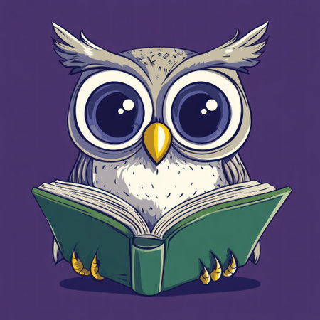 A cute owl reading, a vector illustration with a t-shirt design premium and detailed in a cartoon style, using flat colors on a purple background. The book is green in color. The owl has big eyes. There are no shadows or gradients. The details are low, with sharp edges for print. This is a vector graphic design for printing on and other products. The object is isolated on a white background. --v 6.1 Job ID: 0d845ea1-d0b9-4e90-9727-941ca2d6f43eの素材