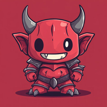 A cute, red chibi demon with horns and a big smile, wearing armor in the style of Dan Mumford. The vector design features a bold color palette, gouache illustration, high contrast, flat colors, simple shapes, and bold outlines, all set against an isolated background. --v 6.1 Job ID: 97169d1b-2a94-4494-974e-a1287c77500cの素材