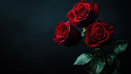Black background with three red roses. Dark and mysterious wallpaper for Valentine's Day. Black background with three deep red flowers. Elegant and beautiful wallpaper for lovers, in the style of graphic design, minimalist design, high resolution, high quality, high detail, high sharpness, high contrast, high color depth, super realistic photography, natural light, professional studio lighting, Octane rendering, advertising photography, commercial photography, magazine cover shooting. --ar 53:30 --v 6.1 Job ID: 5042f6d1-f2dd-416d-b877-c95dfdceb1a3の素材