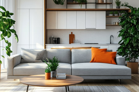 A living room with an open kitchen, a gray sofa, and a white cabinet in the background, featuring warm colors. A coffee table with one orange pillow on top, a wooden floor, plants, and shelves above it, showcasing a modern interior design, highly detailed and hyper-realistic. --ar 3:2 --v 6.1 Job ID: 3d4564ca-62fb-4720-aca9-727f6be217b6の素材