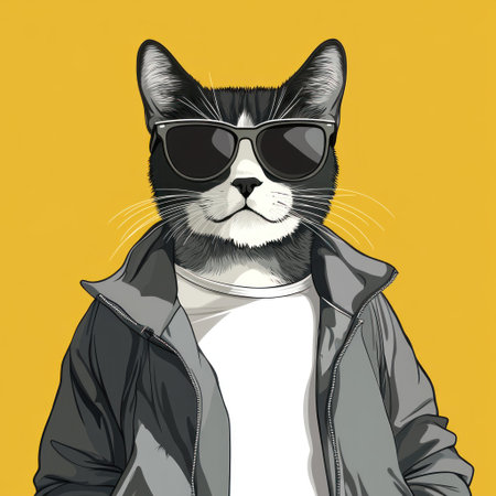 A cat in streetwear, wearing sunglasses, vector illustration, flat design, yellow background, white T-shirt, gray jacket, graffiti style, portrait, cool pose, professional lighting, studio photography, high resolution. --v 6.1 Job ID: 360e1e06-ca2f-45ee-8a8c-1590156abe5dの素材