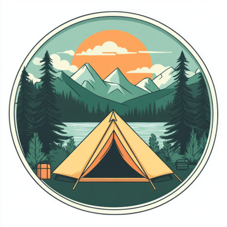 Camping in the mountains, tent by the lake and forest, a simple flat vector logo illustration with a white background, a circular design for a camping company or business brand sticker or patch, vector art, bold lines, flat colors, simple shapes, professional quality, high resolution, colorful, with an orange and green color scheme, a white border around the design, no text on the design, the tent is half-covered by tree branches, the sun shining through the clouds behind the tent, the tent facing towards the camera, the tent centered within the circle, with camping equipment and accessories. --v 6.1 Job ID: 1f413200-c789-4537-928f-fd58f7cfeadeの素材