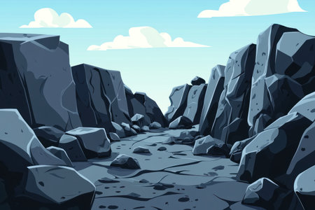 Black stone ground with large rocks, a deep chasm in the background, flat design illustration, vector graphic on a white background, blue sky, gray tones, cartoon style, simple details, no shadows, high contrast, low saturation, flat colors, no gradients, low detail. --ar 3:2 --v 6.1 Job ID: c9f93fbd-4e7d-473a-b1ce-324d58de23e2の素材
