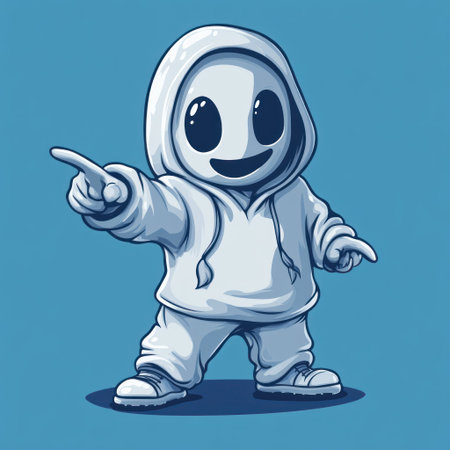 A cute cartoon ghost wearing a hoodie and pointing, vector t-shirt design graphic, isolated on a blue background, full-body standing pose, ultra-detailed, best quality, t-shirt design printing. --v 6.1 Job ID: ace205ed-3ee5-4d71-b19a-de9a0d9b2660の素材