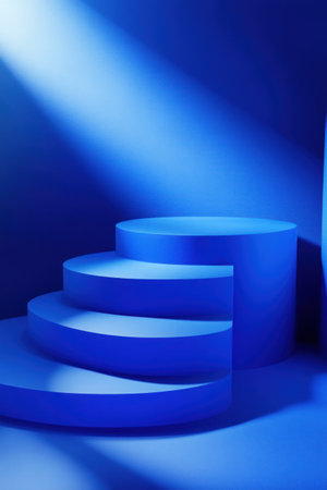 Blue background, three-dimensional podiums in the shape of semi-circular steps, simple and minimalist style, bright blue color tone, high saturation, geometric shapes, indoor environment, studio lighting effect, static composition. The foreground is blurred with shadows, creating depth of field, in the style of . --ar 2:3 --v 6.1 Job ID: 15383440-af50-4b0e-97aa-52510cc3624aの素材