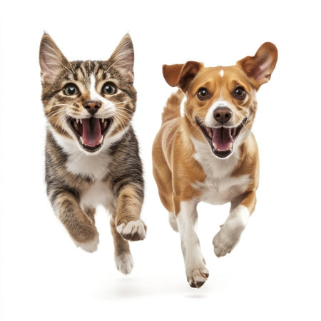 A happy cat and dog running towards the camera, isolated on a white background, photorealistic, stock photography, in the style of Unreal Engine. --v 6.1 Job ID: aede4326-44ac-4b9c-9e9e-a9a3cb3e63c1の素材