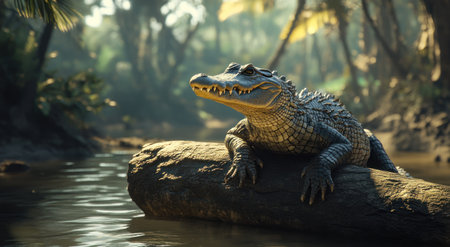 A crocodile is sitting on a log in an African jungle, in the style of Unreal Engine 5, highly detailed and realistic, hyper-realistic animal illustrations, photorealism, cinematic, Octane render, natural lighting, global illumination. --ar 78:43 --v 6.1 Job ID: 57cb5575-3ddb-49ca-bdf1-0b45ef656dd6の素材
