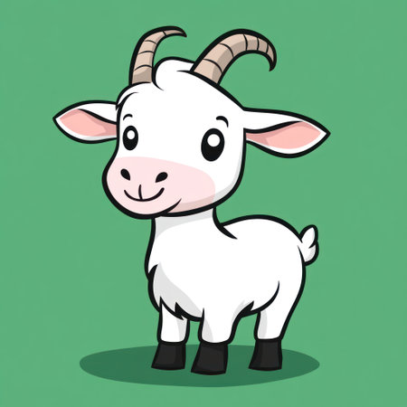 Cartoon goat on a green background, vector illustration, flat design style, simple and clean appearance, cute cartoon character design with a black outline stroke, full-body shot, front view, symmetrical left side of the face, no shadows, simple color scheme, solid white colors, high resolution. --v 6.1 Job ID: 1271684a-2083-41b5-be64-30c3c8f9e4caの素材