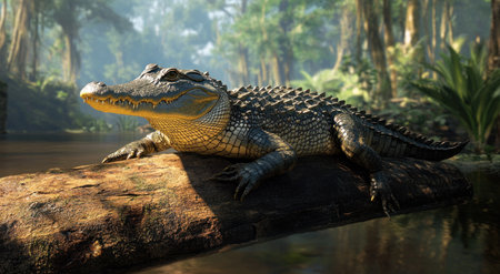 A crocodile is sitting on a log in an African jungle, in the style of Unreal Engine 5, highly detailed and realistic, hyper-realistic animal illustrations, photorealism, cinematic, Octane render, natural lighting, global illumination. --ar 78:43 --v 6.1 Job ID: 57cb5575-3ddb-49ca-bdf1-0b45ef656dd6の素材