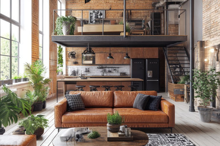 The image displays a stylish modern loft apartment with a kitchen, living room, and industrial design features.の素材