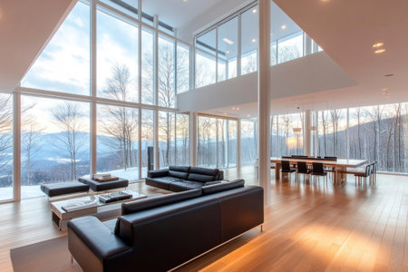 This image presents a modern luxury interior with expansive windows and stunning outdoor views of a winter landscape.の素材
