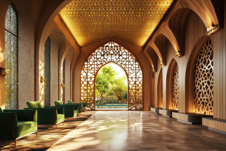 A luxurious interior space features archways, ornate decorations, and a view of a lush green garden.の素材
