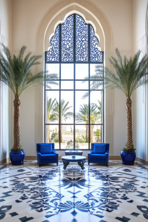 An inviting interior space featuring blue furniture and palm trees framing a large window, with outdoor views.の素材
