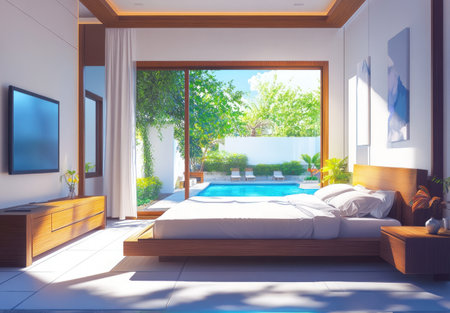 A modern hotel room with white walls, a bed centered in the frame, modern wooden furniture, and a TV on the wall next to it. A window leads out to the pool area outside. --ar 22:15 --v 6.1 Job ID: 856ad18d-fcd6-4cb5-8701-bdb60070b931の素材