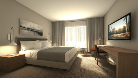 A large and spacious modern hotel room with a double bed, a desk on the right side of the wall, curtains at the window, light gray walls, a brown carpet floor, wooden furniture, a large LED TV hanging above a table, and modern lamps standing by the bedside. The photo is taken from a front angle. --ar 53:30 --v 6.1 Job ID: 92ea2eff-f04f-4ed3-a7fb-87ac93c541caの素材