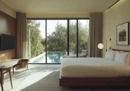 A photograph of the interior of an elegant, modern hotel room in Crete, with large windows overlooking a swimming pool and lush gardens outside. The bedroom has a minimalist decor, featuring light wooden furniture, white walls, grey curtains, and soft lighting from wall lamps. A flat-screen TV hangs on one side of the bed, adding to its luxurious feel. There is also a small coffee table near it, offering an indoor dining area for guests' use. --ar 22:15 --v 6.1 Job ID: 2ff88c07-5307-4b02-bf5d-5698d8d8e1ceの素材