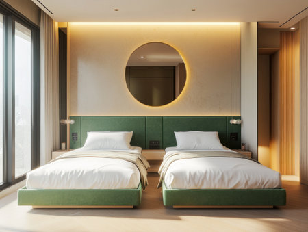 A minimalist bedroom, wide-angle view of two beds with green headboards and white sheets. A large window on the left side, the wall color is a brownish-gray. A round mirror hangs above one of the beds. The floor is made of wood, and the furniture is modern. The lighting is warm and creates a photorealistic atmosphere. --ar 4:3 --v 6.1 Job ID: 50957e79-d38d-4dc5-937c-5546e42926d3の素材