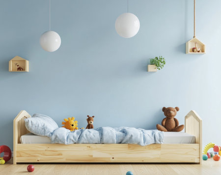 A light blue children&#39;s bedroom scene, featuring a wooden bed, and assorted toys.の素材