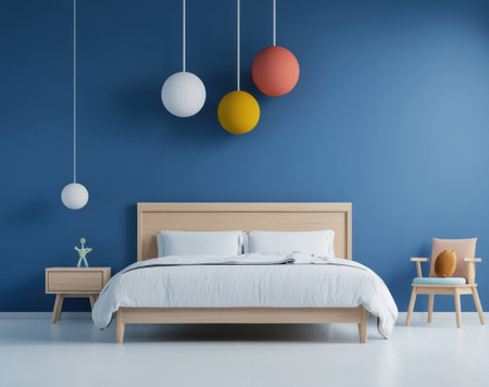 This image presents a modern and minimalist bedroom design in blue tones with matching furnishings.の素材