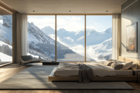 This image showcases a luxury bedroom with a stunning mountain view seen through expansive windows.の素材
