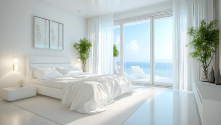 A minimalist bedroom with sleek white furniture, large windows overlooking the sea, and soft lighting creating an atmosphere of tranquility. The room is bathed in natural light from sheer curtains, enhancing its modern aesthetic. --ar 53:30 --v 6.1 Job ID: dc15c020-a3f8-4889-998d-5258f2e6eda7の素材