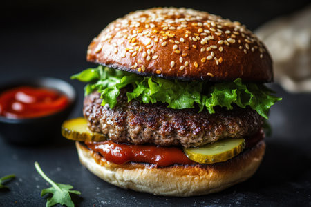 A juicy beef patty burger with a seeded bun, lettuce, and pickles, on a dark background, with ketchup on the side. Food photography. --ar 3:2 --v 6.1 Job ID: c1047ba3-7dcb-49ba-a52f-24586158cb68の素材