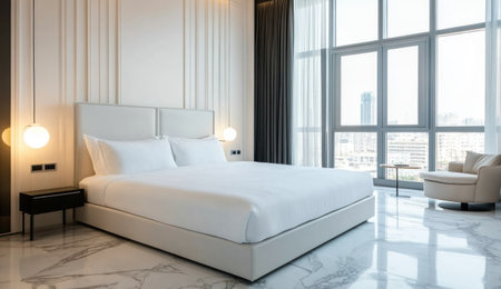 This image shows a luxurious, modern bedroom with a large bed, a chair, and large windows with a city view.の素材