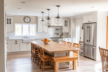 A photo of an elegant kitchen with white cabinets, light wood floors, and a large island in the center that has wooden seating underneath it. The refrigerator is stainless steel, and there's a stovetop on one side. Above the sink hang three pendant lights, and above the stove hang two pendant lamps. On top of the empty countertop sits some fruit. In front of it, you can see part of another room with a door frame made out of glass. A clock also shines through from outside the window. --ar 3:2 --v 6.1 Job ID: 2e26faa8-76e8-4910-9edd-da5752234863の素材