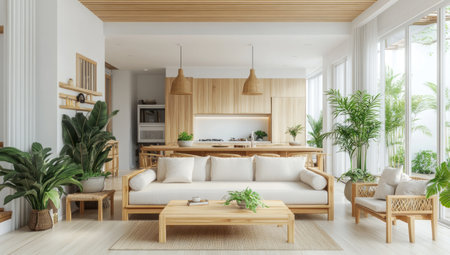This image depicts a bright and airy modern living space with wooden furniture and lush greenery.の素材