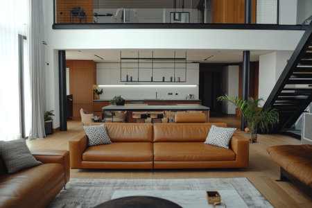 An open concept luxury home interior showcases modern design elements in a bright and spacious layout.の素材