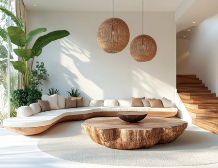 A modern living room showcases organic furniture, natural wood textures, and lush plants creating a serene atmosphere.の素材