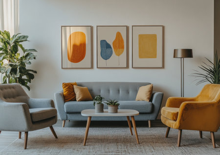 A modern living room with three square-framed wall art prints on the white walls, showcasing abstract shapes in warm tones of orange and yellow. The sofa is a grey-blue color, complementing two armchairs, one light gray and another mustard-colored. A coffee table sits between them. There's also an indoor plant to add greenery, a floor lamp casting soft lighting, and a small potted houseplant adding character. This setting creates a cozy atmosphere, perfect for relaxation or social gatherings. --ar 7:5 --v 6.1 Job ID: 7ecd398e-a1ac-4143-977d-29272ee9134eの素材