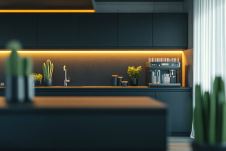 This image depicts a modern kitchen interior with stylish furnishings and green plants. It shows a sleek and contemporary design.の素材