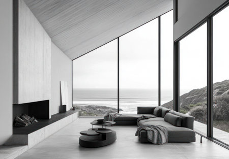 This image depicts a modern minimalist living room with a large window showcasing an ocean view.の素材