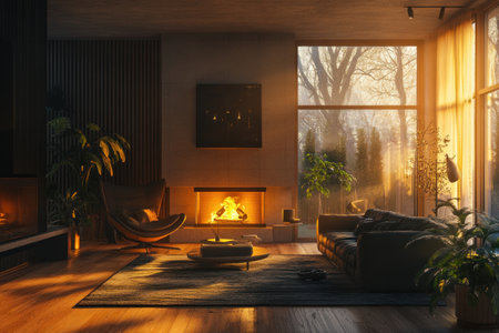 A modern interior design, the living room features a fireplace, wooden floors and walls, a black sofa and armchairs, and a large window overlooking the garden. The evening light creates a cinematic, photorealistic atmosphere. --ar 3:2 --v 6.1 Job ID: 7cf18ddc-0027-4ad3-95d2-cc042453d90eの素材