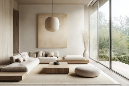 This image depicts a modern, light-filled living room with minimalist furniture and large windows overlooking nature.の素材