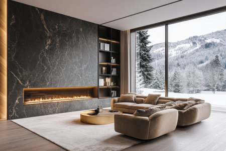 The image shows a modern, luxurious living room with a fireplace, comfortable seating, and a beautiful snowy mountain vista.の素材