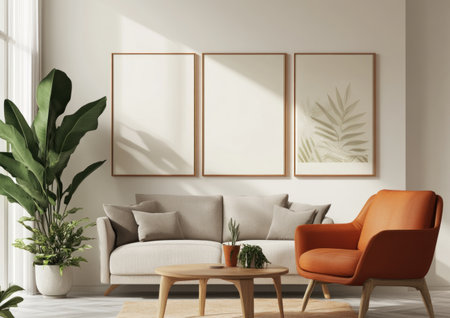 A living room with three framed posters on the wall, a light gray sofa in front of it, and an orange armchair beside it. There is also a coffee table between them and two small plants behind. The overall color scheme includes warm tones such as beige or brown, creating a cozy atmosphere. It has a minimalist style and high-quality resolution. --ar 7:5 --v 6.1 Job ID: 0caa4cd0-0b0d-4d60-9761-d7aa670cf062の素材