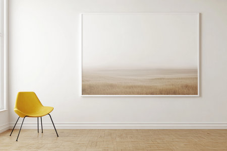 An interior scene featuring a minimalist design, art, and furniture create a modern look.の素材