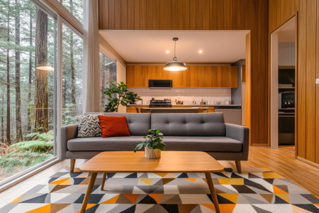 A modern living room with wooden panels on the walls, a grey sofa and coffee table in front of it, and a geometric carpet underneath. In the background, a modern kitchen with large windows looking out to a forest, and warm light from ceiling lamps. --ar 3:2 --v 6.1 Job ID: f253a692-8168-4fbd-9244-2e115b067cfdの素材
