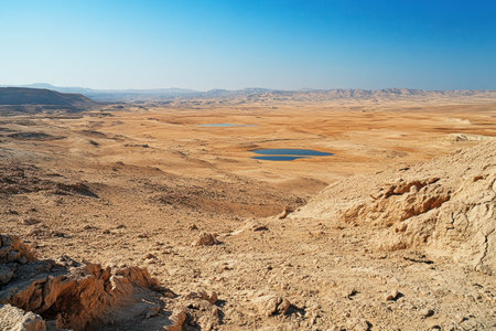 The photograph showcases a wide, sweeping vista of a dry desert, with water pools nestled amidst the landscape.の素材