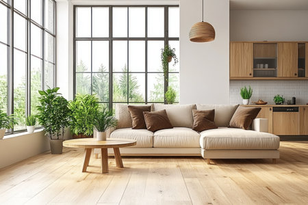 A modern living room with white walls and light wood floors, large windows in the background showing an open kitchen with modern furniture. A beige sofa with brown pillows on one side of the couch, a small round coffee table near it, a wooden floor, a wooden oak pendant lamp hanging from the ceiling, and plants in the corner. --ar 3:2 --v 6.1 Job ID: c26f680b-2862-49fd-825f-c5b311d66445の素材