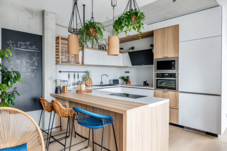 A kitchen in an apartment with light wooden and blue accents, white walls, concrete elements on the wall, a dining table for two people, a bar counter made of wood and metal, chairs made from natural materials, hanging plants above the island countertop, a TV stand next to it, a light-colored floor, a blackboard decoration on one side of the room, a modern interior design style, warm lighting, and modern furniture. --ar 3:2 --v 6.1 Job ID: 18bced27-7050-4a4d-9566-b5f9b02f7580の素材