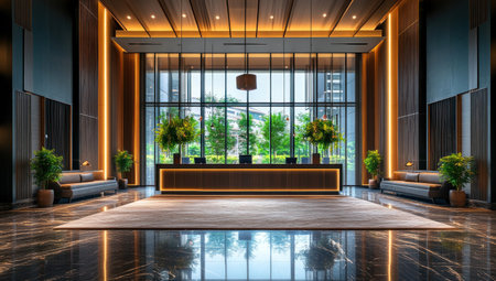 This image depicts a luxurious hotel lobby showcasing contemporary architecture and a welcoming atmosphere with natural light.の素材