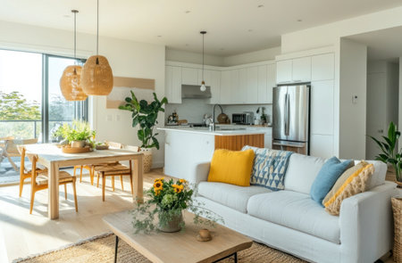 A photo of the interior space, with bright and clean white walls, a light wood floor, and furniture in natural colors such as yellow or blue. The open kitchen area has a dining table on one side and a refrigerator at the center island. A large window leads to an outdoor terrace. There is also a small wooden rug hanging above the sofa armrests. The living room has plants and flowers on the coffee tables. --ar 23:15 --v 6.1 Job ID: 672315b9-f19b-482a-94ee-7886462af906の素材