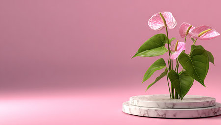 Digitally rendered image showcases a small cluster of pink anthurium flowers positioned atop a tiered, marble-like pedestal. The flowers have vibrant green foliage and are centrally situated against a plain, soft, pastel pink background. The pedestal and background colors create a harmonious aesthetic, highlighting the floral arrangement. The image is composed in a minimalistic style, emphasizing form and color.の素材